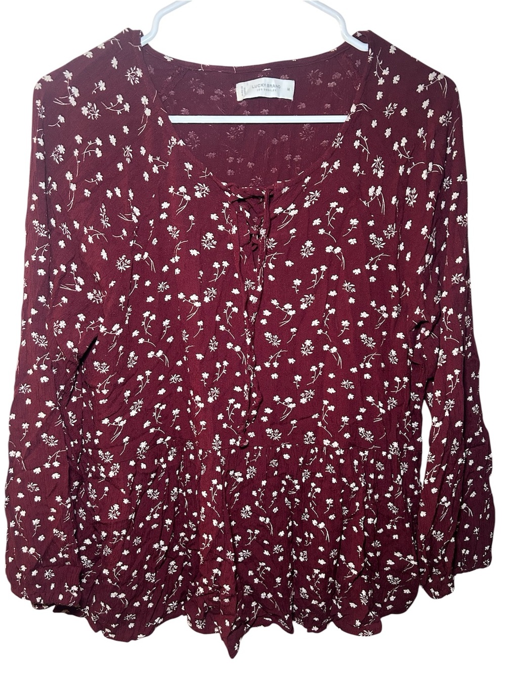 Lucky Brand Burgundy Floral Lace Up Peasant Top Long Sleeve Country Casual Med